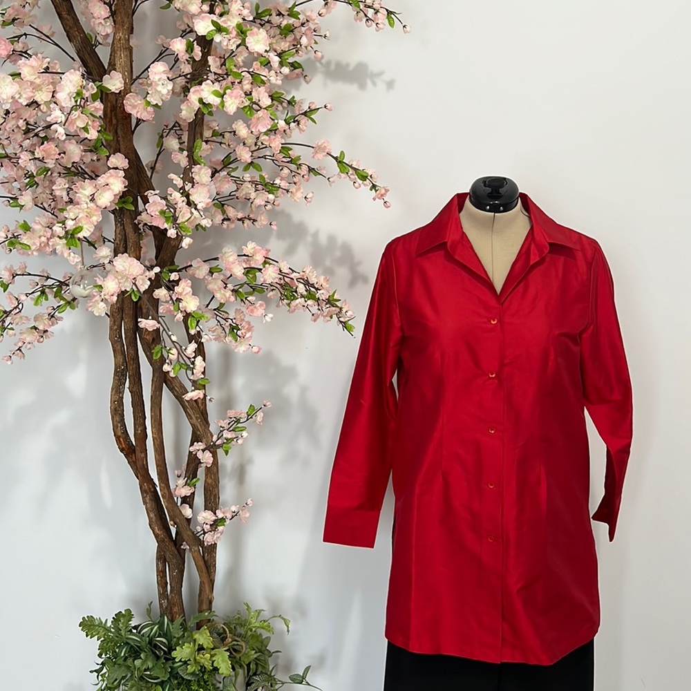 100% silk red tunic button down top